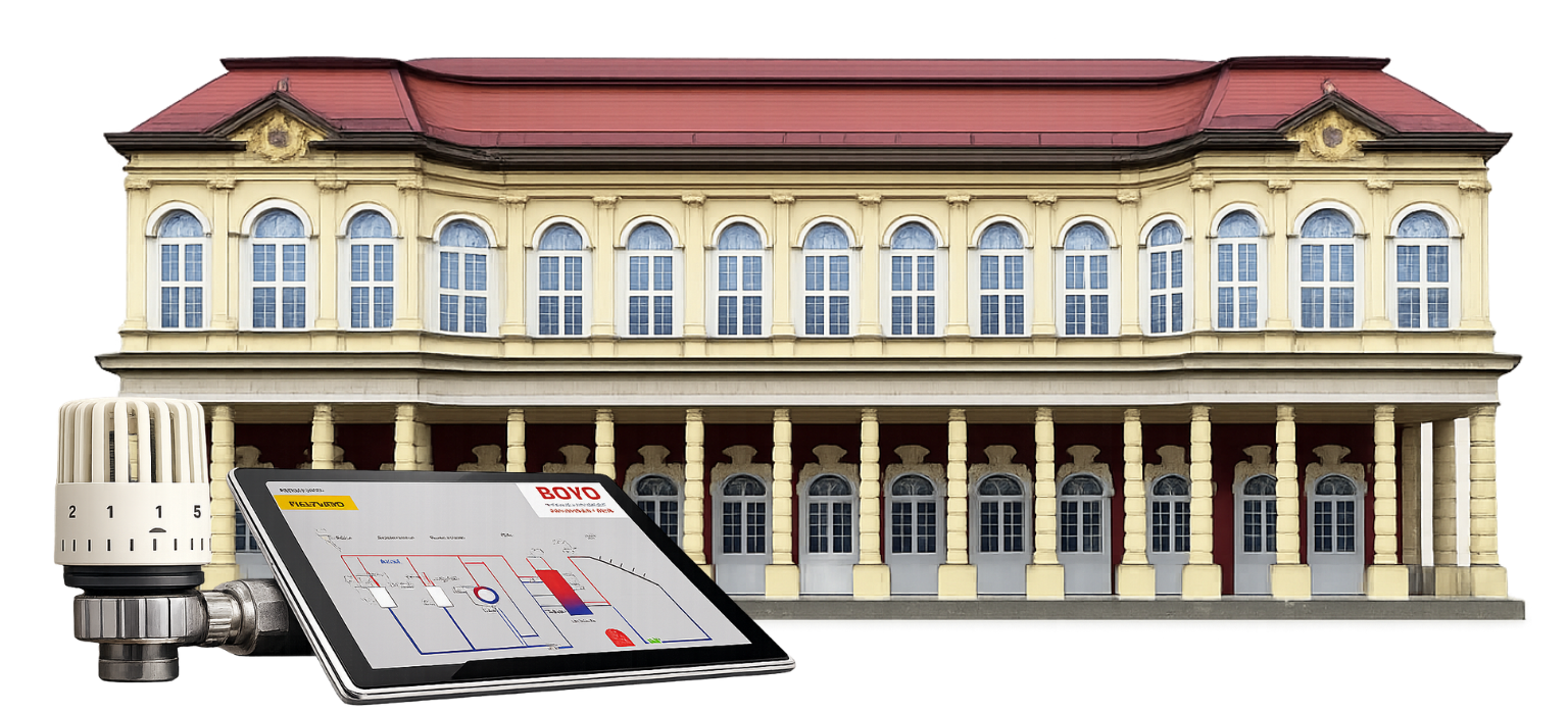 Gebäude mit Regeltechnik: Thermostatventil und Anlagenvisualisierung auf dem Tablet